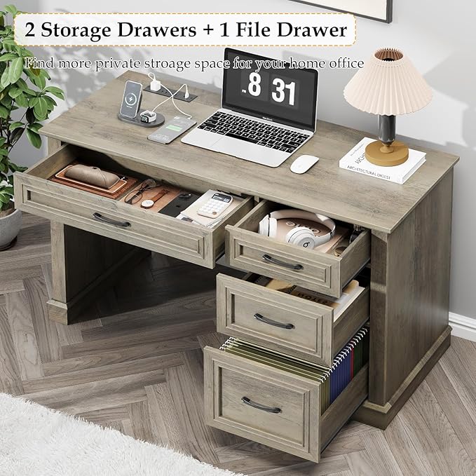Farmhouse 47" Executive Desk, Computer Desk with Drawers and File Drawer, Workstation Computer Desk with Charging Station for Home Office,Study（Wash Grey）