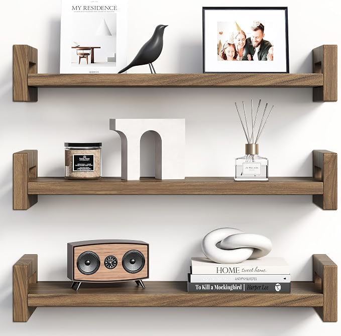 Upgraded Floating Shelves for Wall, Set of 3 Solid Wood Wall Mounted Shelves, 16" Rustic Walnut Display Shelf for Bedroom, Living Room, Bathroom, and Kitchen Decor - Heavy-Duty & Natural Pine