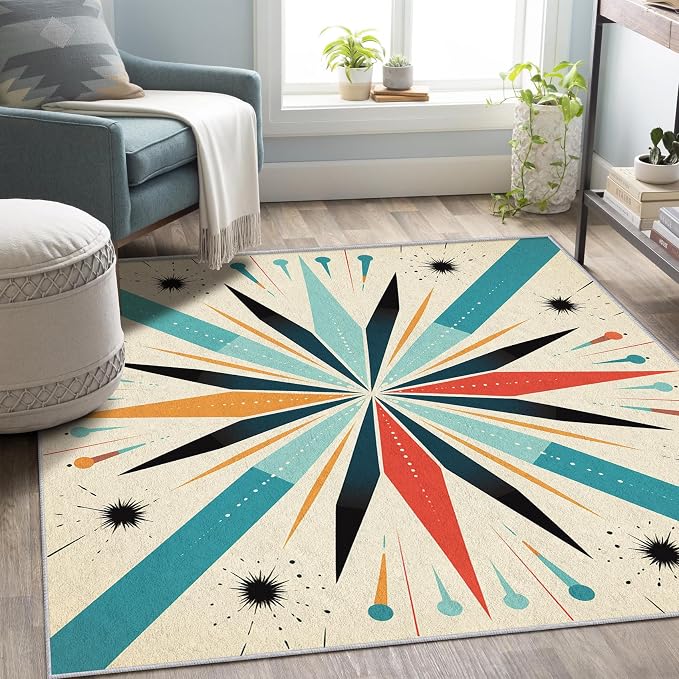 Mid Century Modern Rug 6x9, Washable Retro Sun Rugs for Living Room Bedroom, Atomic Geometric Area Rug for Home Decor, Non Slip Backing Floor Carpet with Gripper - 6 x 9 ft
