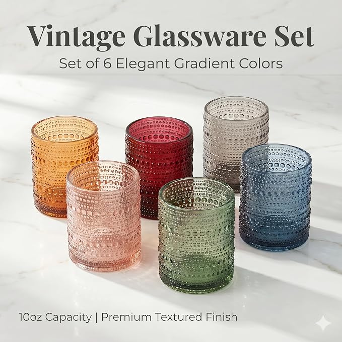Mfacoy Colored Hobnail Drinking Glasses Set of 6, 10oz Vintage Kitchen Glassware, Embossed Beaded Glass Cups, Water Glasses, Beaded Colorful Water Tumbler for Cocktail, Juice and Various Mixed Drinks
