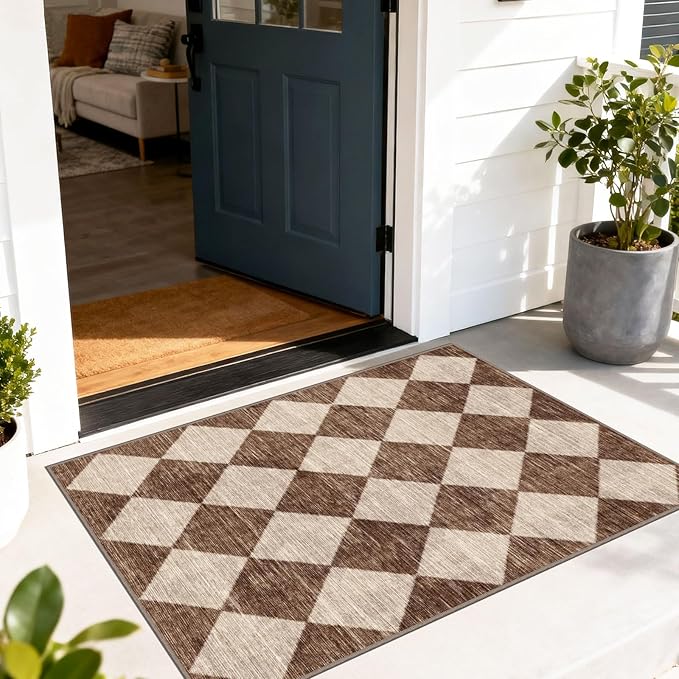 Checkered Entryway Rug - 28" x 43" Small Front Door Mat Indoor Outside Entrance Non-Slip Washable Outdoor Mat Rustic Brown Beige Modern Farmhouse Rug for Entryway Kitchen Bedroom Porch Decor