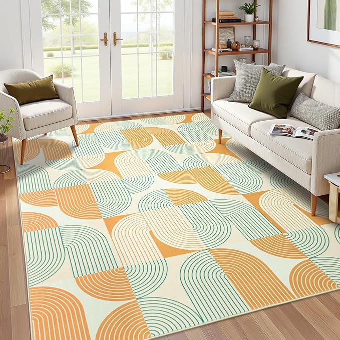 Area Rugs for Living Room 4x6, Washable Modern Abstract Rug for Bedroom, Soft Non-Slip Indoor Floor Carpet for Dining Room Nursery Office Home, Orange
