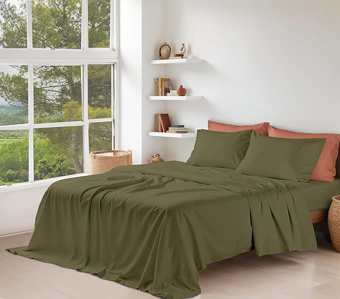 RUVANTI 100% Organic Cotton Sheets Twin XL, Percale Weave, GOTS Certified, 3-Piece Set, Deep Pocket 15", Crisp & Breathable, Soft Durable Bedding, Sábanas Algodón Orgánico – Olive