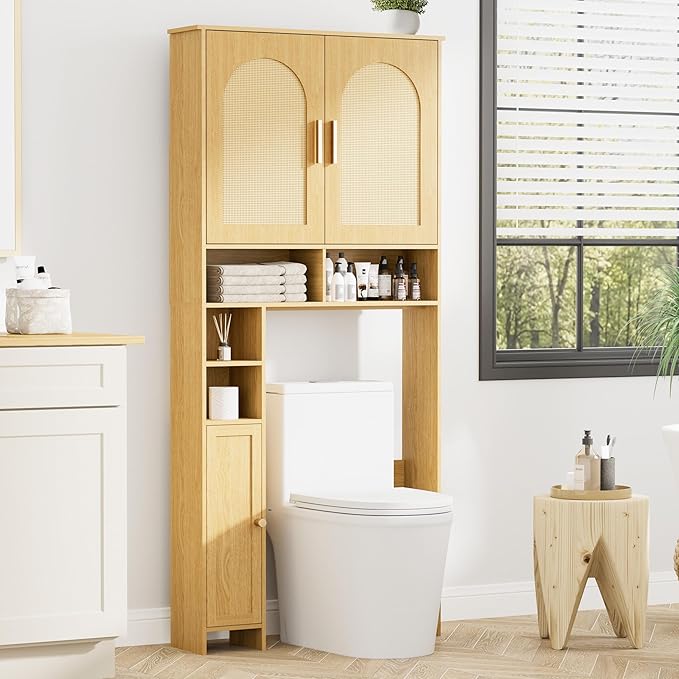 Homhedy 67" H Over The Toilet Storage Cabinet, Boho Bathroom Organizer with Rattan Decorated Doors, Adjustable Shelves, Toilet Paper Holder, Space-Saving Bathroom Shelf for Small Spaces, Natural