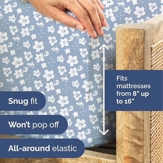Floral Sheets - Blue Floral Bed Sheet Set - 1 Flat, 1 Fitted & 2 Pillowcases w/ Deep Pockets - Comfy, Wrinkle & Fade Free - Boho Botanical Bedding - Ultra-Soft, Breathable & Cooling - Queen Size Set