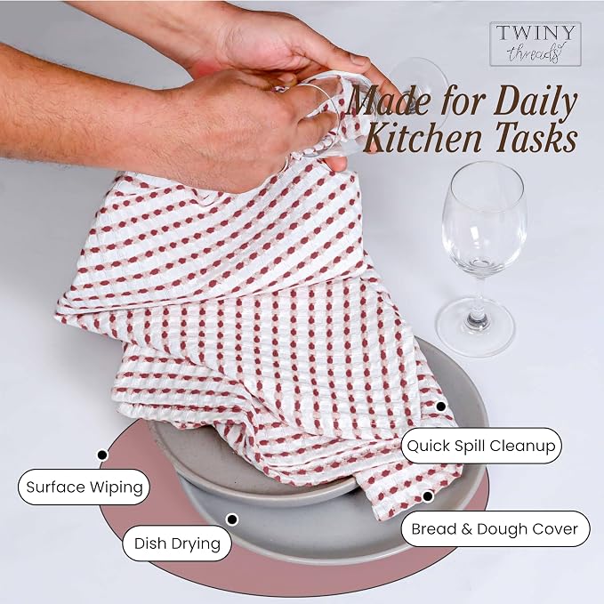 TWINY threads Waffle Kitchen Towels 100% Cotton Set of 4, Ultra Absorbent Dishcloth Set, Absorbent, Quick Dry & Soft Waffle Texture Cloths for Drying Dishes & Household Cleaning, Rust & White