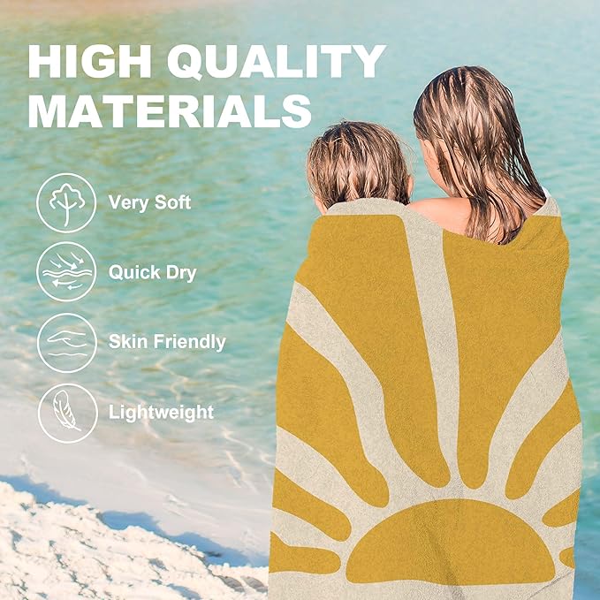 Boho Sunshine Beach Towel, Boho Bathroom Decor, Groovy Retro 60s 70s Sunshine Yellow Oversized Bath Pool Swim Towels Blanket for Bathroom Travel Swimming Camping Sport, 30x60 Inch