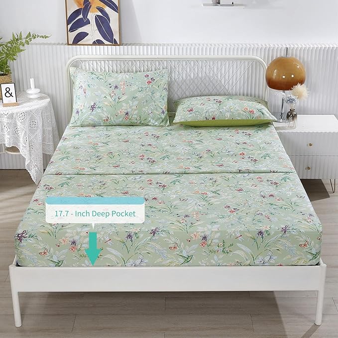 RYNGHIPY Shabby Flowers Print Bed Sheet Collections Egyptian Cotton Garden Floral Sheets (Green Floral,Queen Size)