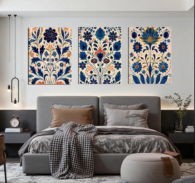 3 Pcs Blue Boho Flower Canvas Wall Art, Floral Painting Poster Wall Decor,Wildflower Botanical Picture for Wall Living Room Bathroom Bedroom Home Decoration 16*24 in (Stretched Canvas on A Wooden Frame)