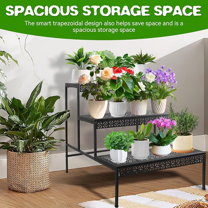 3 Tier Metal Plant Stand, Ladder Flower Pot Holder Plant Stands, Tiered Plant Stand Outdoor Storage Organizer Rack for Home Garden Patio Balcony