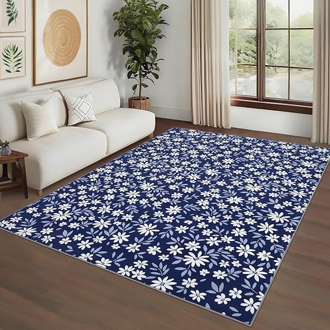 Washable 8x10 Rug Modern Floral Area Rug for Living Room Low Pile Soft Bedroom Indoor Carpet Modern Solid Large Rugs Non Slip Thin Foldable Floral Carpet Mat for Nursery Dining Room, Navy
