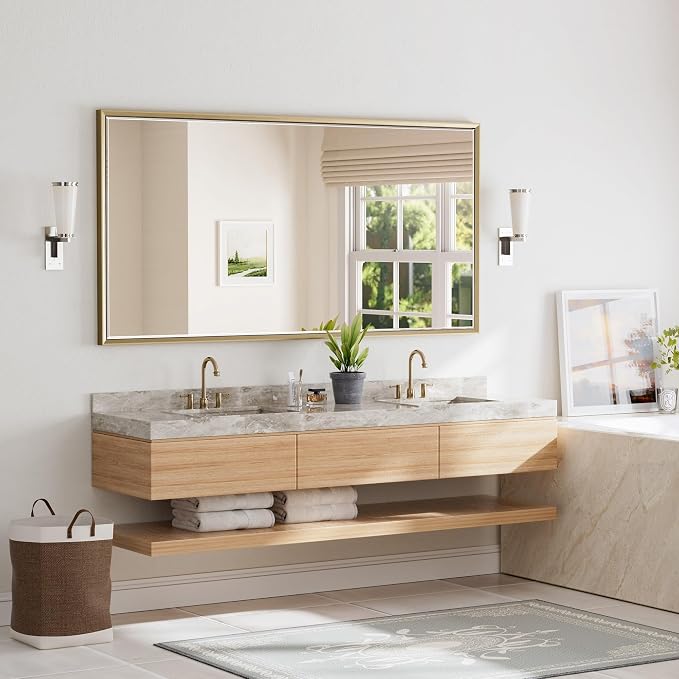 72 x 36 Gold Bathroom Mirror, Brushed Gold Beveled Bathroom Mirror, Shatterproof Large Gold Frame Rectangle Mirror, Brushed Brass Gold Framed Vanity Mirror Vertical/Horizontal Wall-Mounted