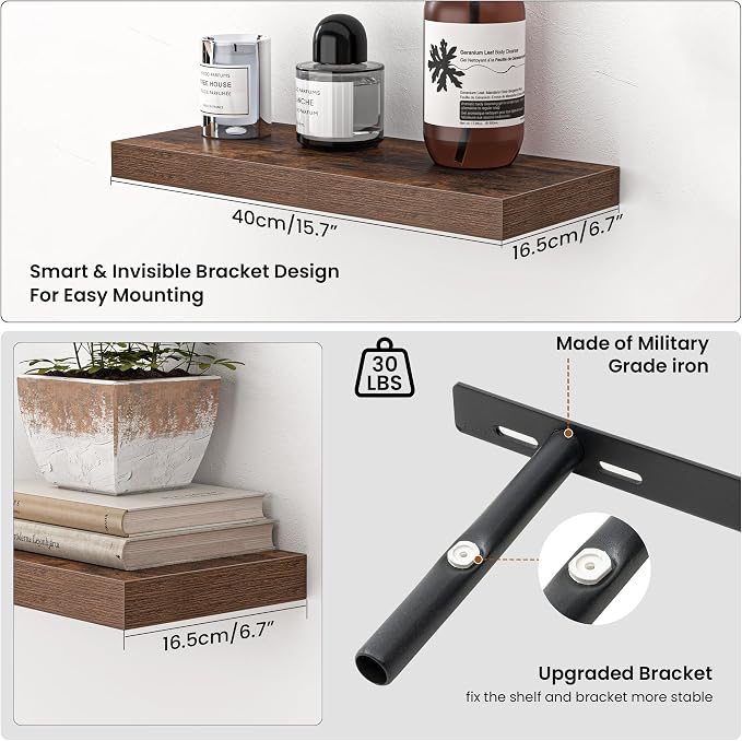 Heimlove Floating Shelves for Wall,16 inchs Shelf for Small Bathroom,Mounted Storage & Display Wood Shelves for Bedroom,Living Room,Kitchen,Office,Set of 2,Rustic Brown