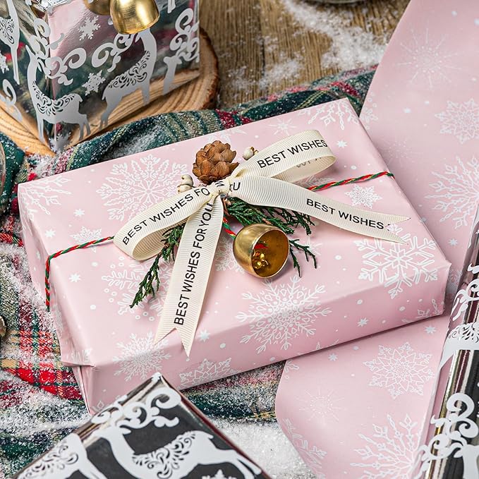 MAYPLUSS Christmas Wrapping Paper Roll - 17IN X 33FT - Santa Claus Gift Wrapping Paper Featuring Merry Christmas Snowflake Reversible HO for Kids, Holiday, New Year