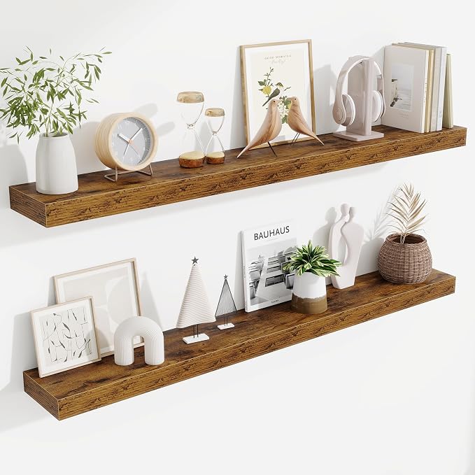 Fun Memories Floating Shelves 48 Inch, Extra Large Wood Shelf Set of 2, Hanging Wall Shelves for Bathroom, Living Room, Kitchen, Bedroom, Rustic Brown