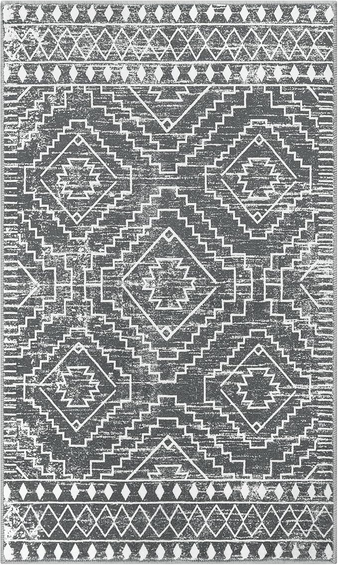 Wonnitar Moroccan 3x5 Washable Area Rug, Boho Living Room Rug, Non-Slip Farmhouse Rustic Bedroom Throw Mat, Non-Shedding Soft Geometric Floor Carpet for Kitchen Entry Office (Dark Grey,3'x5')
