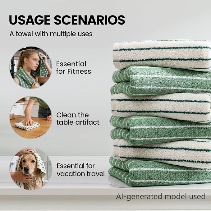 Green Stripe Towels Set of 6，Ultra-Absorbent & Quick-Drying Bathroom Hand Towels 100% Cotton Face Towels, Soft Hand Towels for Bathroom，13” x 29”