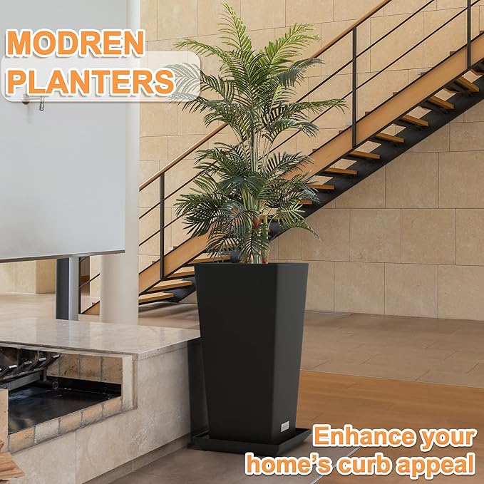Elevens Outdoor Planter Larger Flower Pots Indoor Taper Garden V-Shape Tall Planters 30 inches Garden Pots Planter with 2 Trays - Black（2 Packs）, 30"-2 Pack (USAM004)