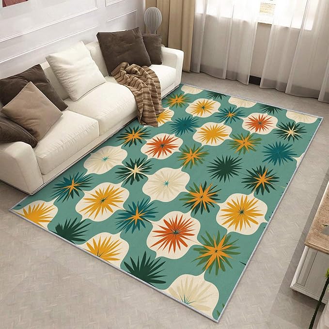 Mid Century Modern Rugs for Living Room Decor, 5x7 ft, Retro Geometric Flower Area Rugs for Bedroom, Soft Non Slip Washable 70s MCM Atomic Carpet Home Decorations D-g48