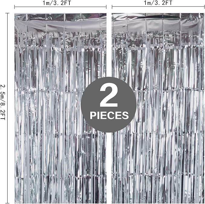 2 Pack Silver Foil Fringe Curtain Backdrop, 3.2Ft x 8.2Ft Metallic Tinsel Foil Fringe Streamer Curtains for Party Photo Booth Props Bachelorette Birthday Bridal Shower Christmas Decorations