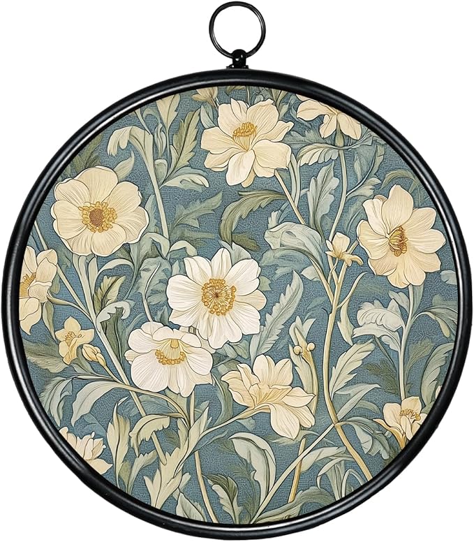 XIAOAIKA Round Vintage Wall Hanging Decor, Printed Textured Surface with Wood Back, Daisy Design, Black Metal Frame, Ready to Hang for Living Room Bedroom, 10 Inch