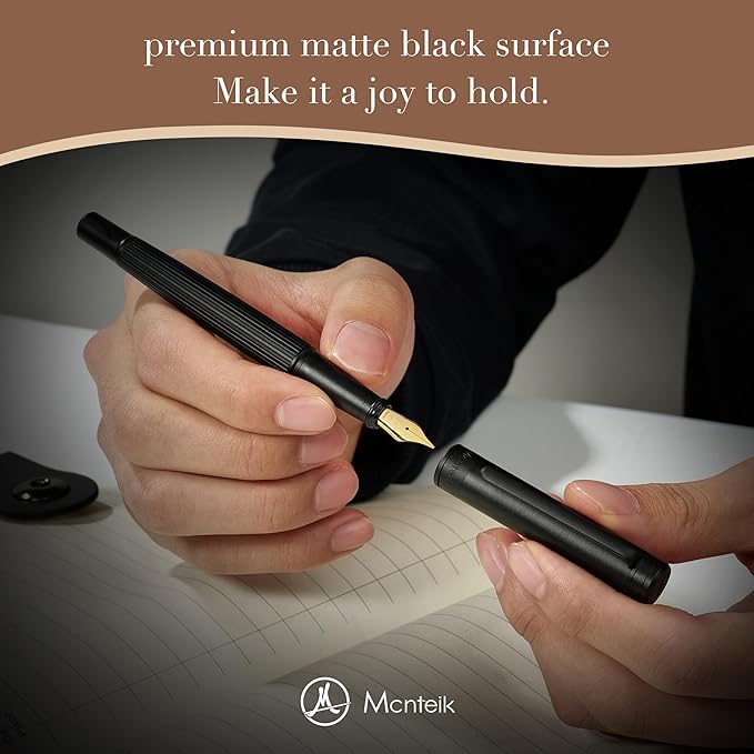 MCNTEIK Matte Black Forest Fountain Pen, Exquisite Vertical Grooving Design, 18K Gilded Nib (Fine), Fancy Pen Gift Set for Men & Women, Professional, Business Signature, Office, Nice Designer Pens