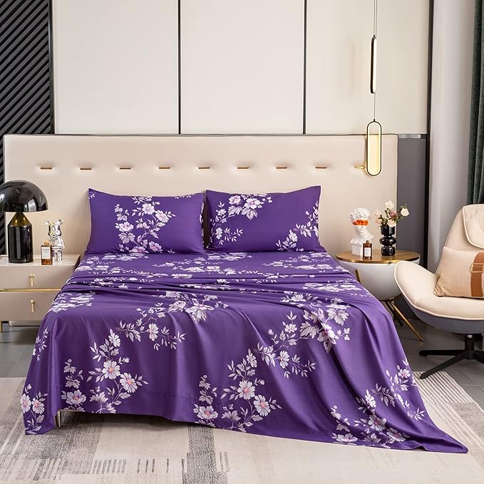 Bedlifes Full Sheet Set Ultra Soft, Breathable, Silky Flower Deep Pocket 100% Microfiber Bedding, 4 Piece Full Size Dark Purple Floral