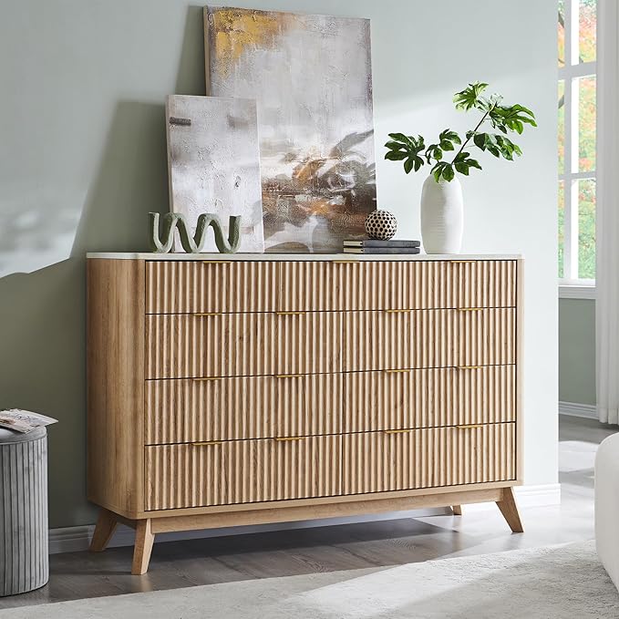 T4TREAM Fluted 9 Drawer Dresser, Modern Chest of Drawers with Faux Marble Top, Curved Profile Design, Dresser TV Stand, Wood Drawer Organizer for Bedroom, Living Room, Hallway, Natural Oak
