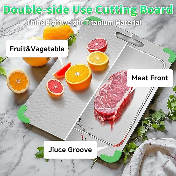 100% Pure Titanium Cutting Board with Grooves, Update Double Side Titanium Chopping Board, Silicone Anti-slip Stainless Cutting Boards for Kitchen 10 * 14 IN, Green