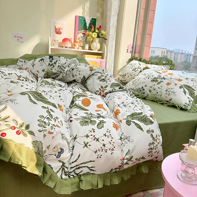 Botanical Floral Duvet Cover with Green Ruffle 100% Cotton Vibrant Flower Duvet Cover Twin XL Girls Princess Romantic Lace Comforter Cover Coquette Flower Bedding Set Floral Comforter Cover Twin XL