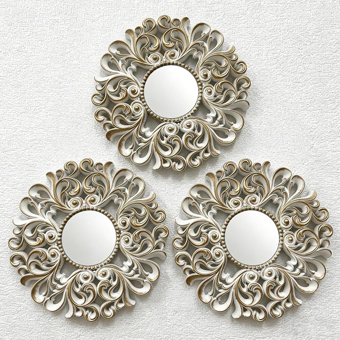 DXYAKY 3 Pack Floral Ornate Decorative Wall Mirror - Elegant White with Gold Accents, 9.8" Plastic Round Mirror Set, Lightweight Wall Art Décor for Bedroom, Bathroom, Living Room & Entryway