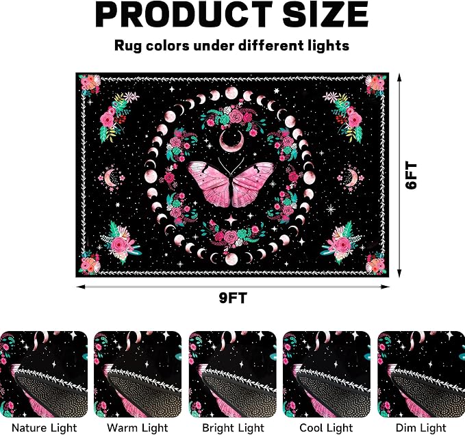 Pink Butterfly Area Rug 6'x9' Moon Phase Floral Rugs for Bedroom Living Room Kitchen Nursery Playroom Home Decor Boho Gothic Butterfly Carpet Non-Slip Washable Floor Mat