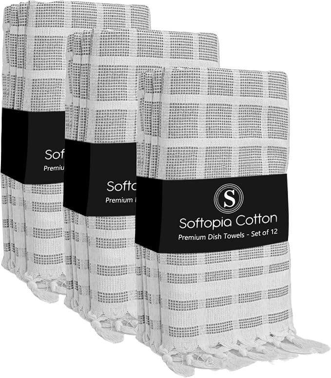 Matrix Dobby Kitchen Dish Towels Set of 12, 100% Cotton, 16x26 Inches, Reusable Dishcloths with Handmade Knotted Tassels, Absorbent, Washable Towels for Cleaning - Dark Gray, White