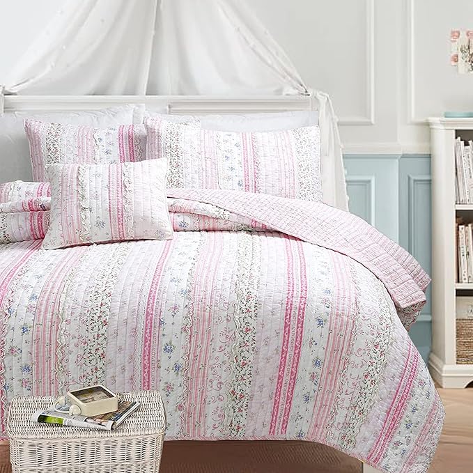 Cozy Line Home Fashions Shabby Chic Pink Flower Lace Ruffle Stripe 100% Cotton Reversible Quilt Bedding Set, Coverlet, Bedspread (Pink,King - 4 Piece: 1 Quilt + 2 KingSham + 1 Décor Pillow)