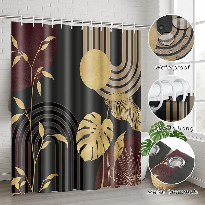 Boho Vintage Shower Curtain Set with Toilet Lid Cover and Non-Slip Rugs, Gold Tropical Minimalist Neutral Grey 4 Pcs Modern Minimalist Vintage Shower Curtain for Bathroom Set with 12 Hooks