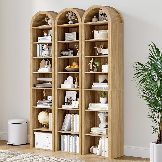 Tall Narrow Arched Bookshelf, 8-Tier Skinny Arch Bookcase for Small Space, Freestanding Storage Organizer with Adjustable Shelves, Open Display Shelves for Living Room, Entryway (Natural)