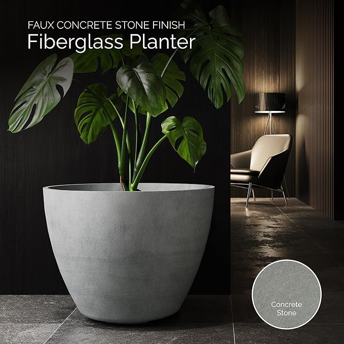 Lupo Tapered Planter – Concrete Stone Finish – Fiberglass Indoor/Outdoor and Weather-Resistant Medium Planter (24.4" D x 18.7" H Exterior, 23.1" D x 18.1" H Interior)