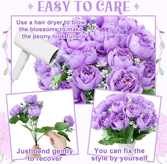 8 Pack Purple Peonies Artificial Flowers, Fake Silk Hydrangea Bouquet for Bridal Wedding Home Table Decor Reusable Dining Opening Ceremony Birthday Arrangement Faux Floral