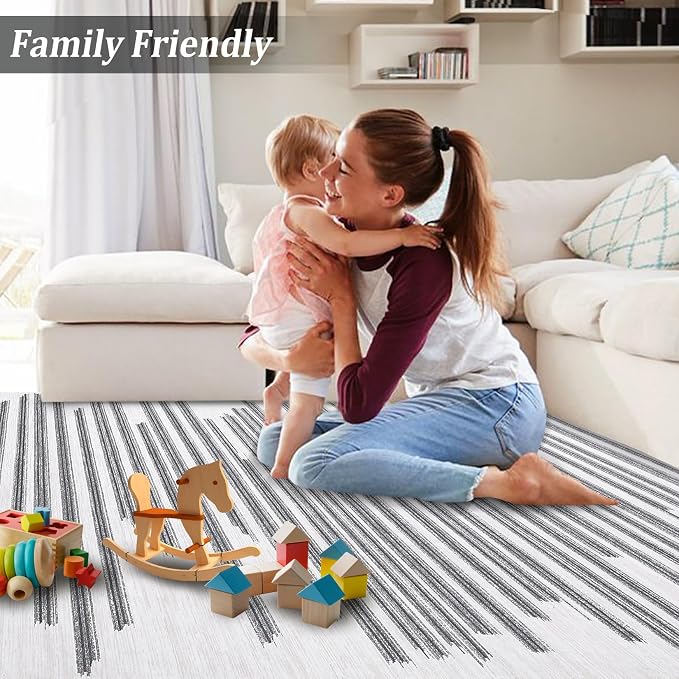 Washable 5x7 Rugs for Living Room Low Pile Soft Bedroom Rug Modern Abstract Lines Carpet Non Shedding Thin Office Carpets Contemporary Geometric Striped Floor Mats for Kitchen Nursery, Beige Grey