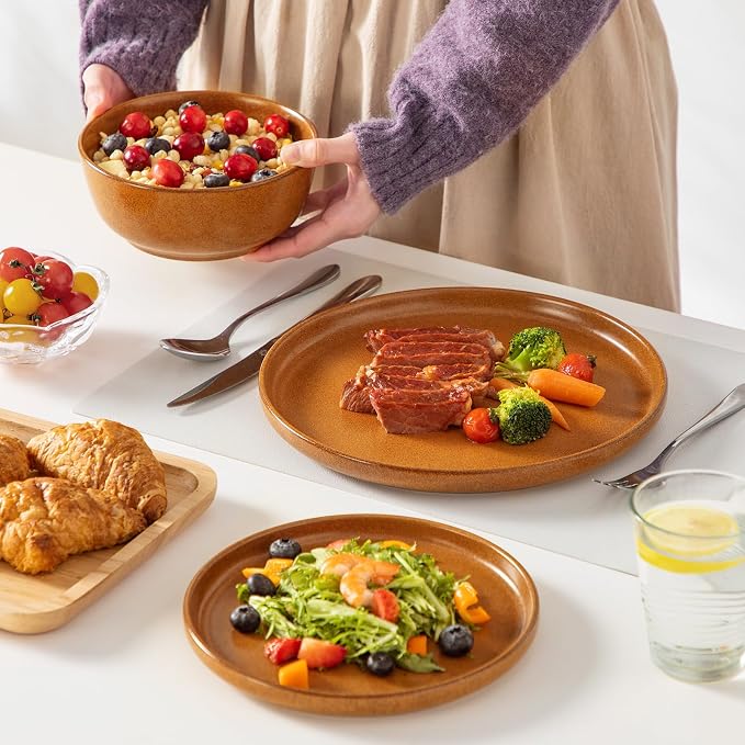 vancasso Plates and Bowls Sets, 18 Pieces Stoneware Dinnerware Set for 6, Ceramic Dish Set for Kitchen, Microwave and Dishwasher Safe, Caramel Yellow, Series ZERMATT