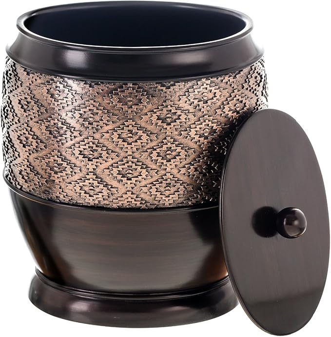 Creative Scents Dublin Brown Small Bathroom Trash Can with Lid - 1.3 Gal / 4.8L Decorative Oval Waste Basket - Durable Resin Garbage Can for Bathroom, Bedroom, Office Decor - Mini Wastebasket Bin