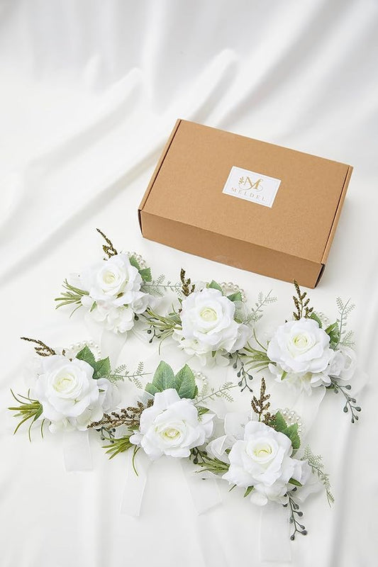 Meldel Wrist Corsage for Wedding, Set of 6, Elegant Artificial White Rose Pearl Wristband Wrist Corsage for Prom Homecoming Party, Perfect Accessories for Bride Bridesmaids, Mother of Bride and Groom