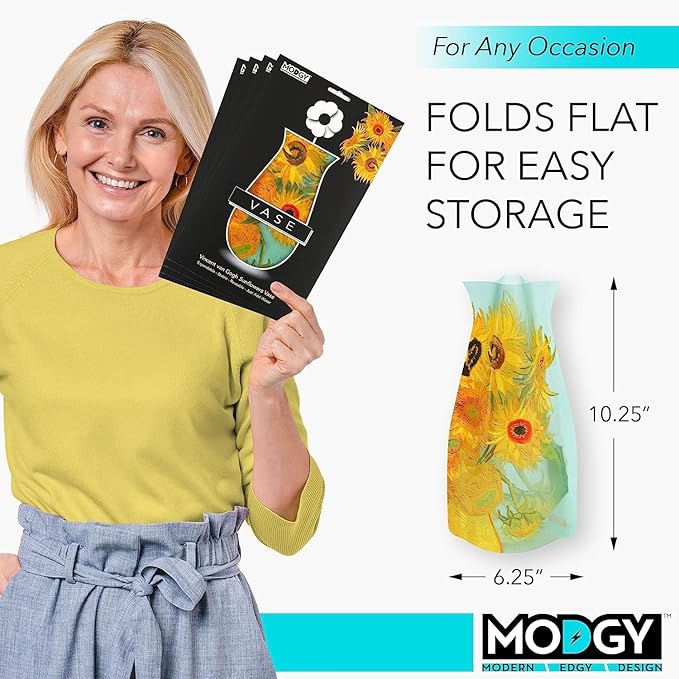 MODGY Expandable Flower Vase, Plastic Decorative Modern Foldable Printed Vases for Centerpieces for Wedding, Dining Table, Home Decor, Living Room, Bathroom, Office, Sunflowers, 4 Pack