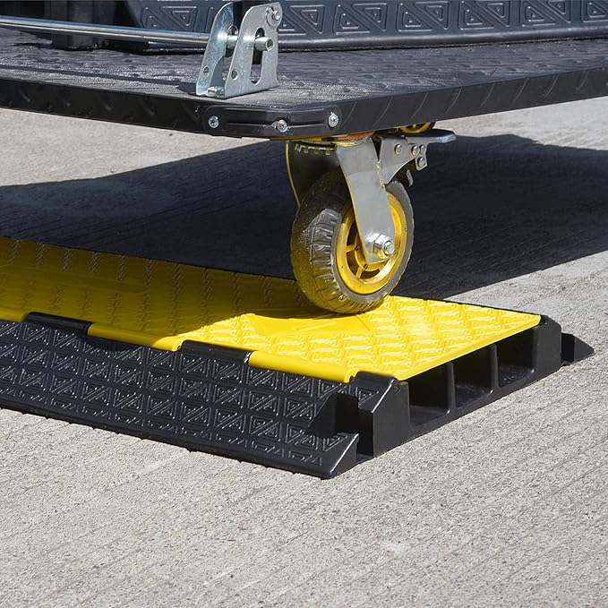 OranLite Rubber Cable Protector Ramp, Heavy Floor Cable Wire Cord Cover Speed Bumps 22000Lbs Load Capacity, Driveway Hose Cable Ramp Protective Cover for Indoor and Outdoor (3-Channel x 2Pcs)
