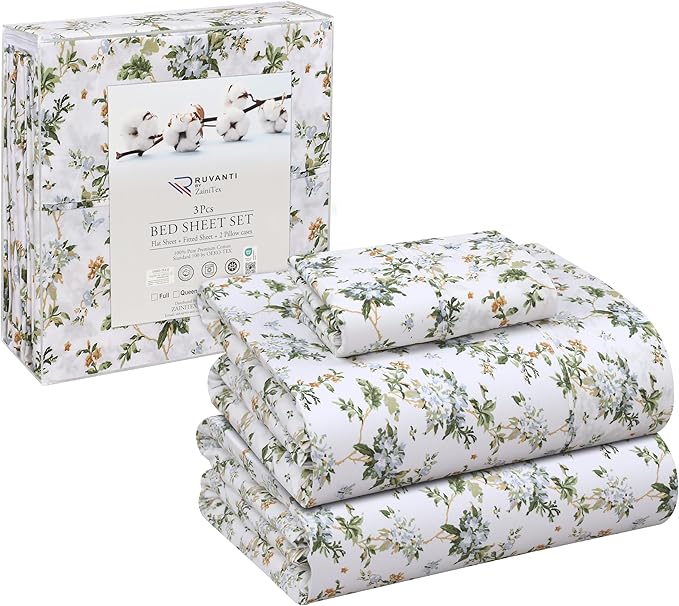 RUVANTI 100% Cotton Twin Sheets Set, 3 Pieces, Soft & Breathable Percale Weave Bedding, Deep Pocket 16", Hotel Standard, Crisp Cool Feel, Durable, Perfect Floral Bed Sheet, Heritage