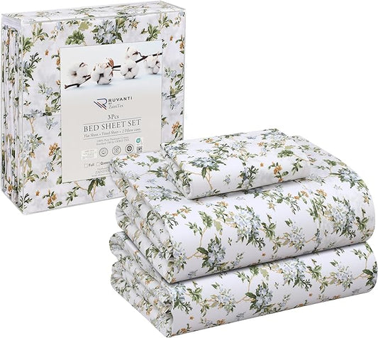 RUVANTI 100% Cotton Twin XL Sheet Sets, 3 Pieces, Soft & Breathable Percale Weave Bedding, Deep Pocket 16", Hotel Standard, Crisp Cool Feel, Durable, Perfect Size Floral Sheets, Heritage