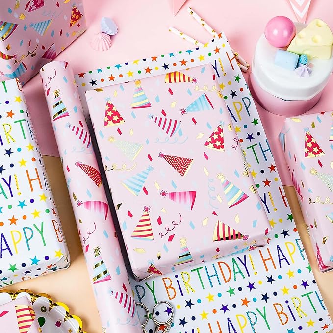 Burymento Birthday Hat Wrapping Paper, Reversible Happy Birthday Design Gift Wrap for Baby Shower, Valentines, Mothers day, Graduation, Wedding, Fathers day, Christmas (17 Inch X 32.8 Feet)