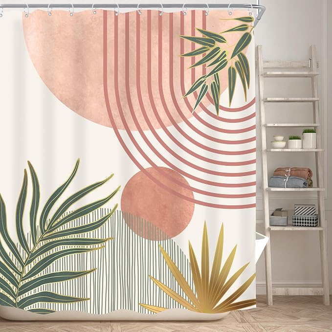 KOMLLEX Mid Century Pink Green Boho Shower Curtain 60Wx72L Inches Abstract Modern Shower Curtains for Bathroom Orange Gold Botanical Minimalist Arch Sun Fabric Liner Waterproof Polyester 12 Pack Hooks