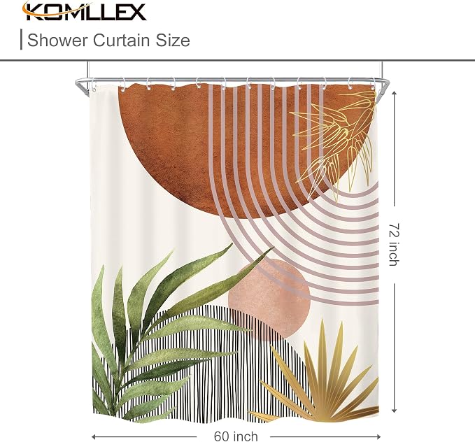 KOMLLEX Mid Century Green Boho Shower Curtain 60Wx72L Inches Abstract Modern Brown Shower Curtain for Bathroom Decor Plant Botanical Minimalist Arch Sun Fabric Liner Waterproof Polyester 12 Pack Hooks