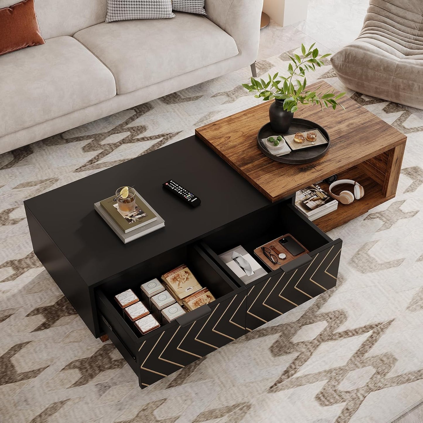 Tribesigns Extendable Coffee Table - Dual-Tone Design with 2 Storage Drawers | Multi-Functional Wooden Table (Brown & Black)